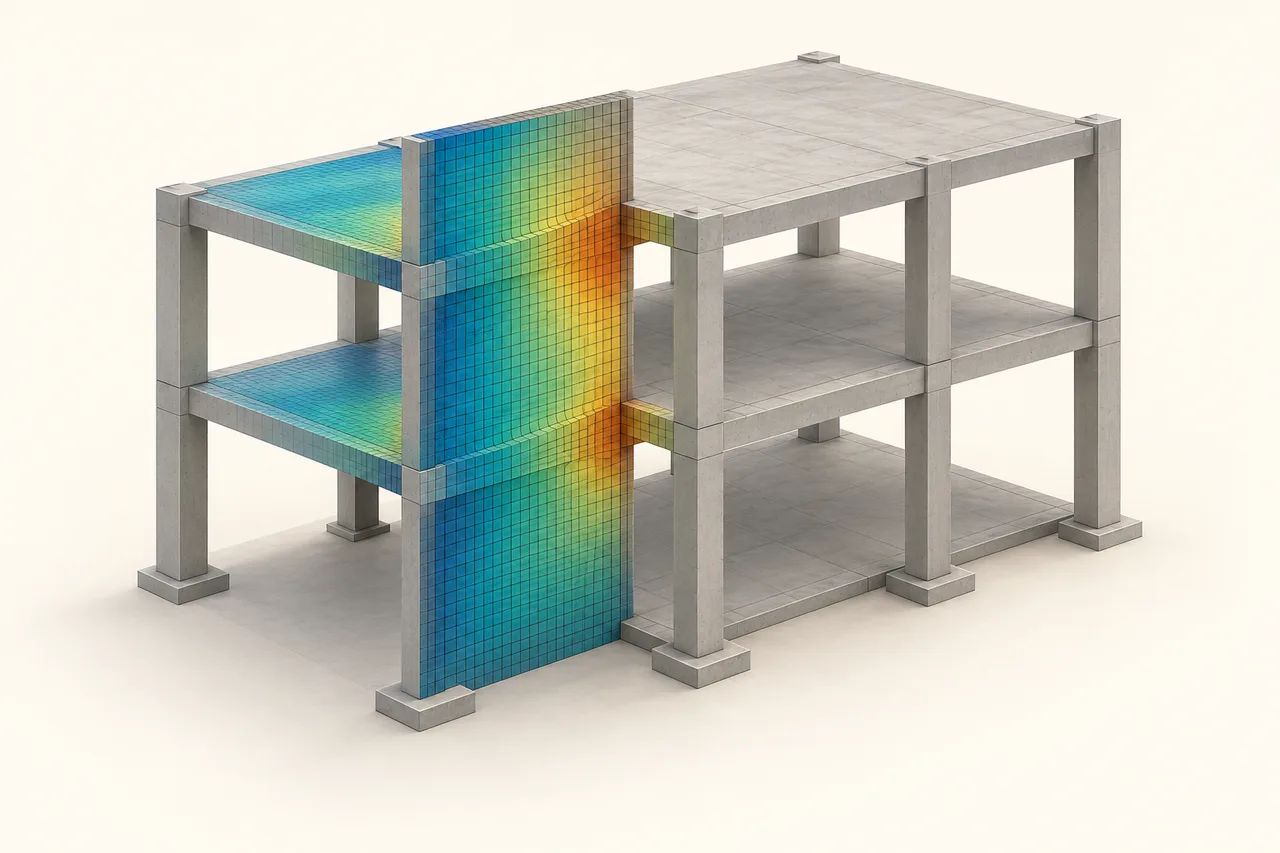 Illustrative structural frame model with a teal and amber mesh, not a validated analysis result