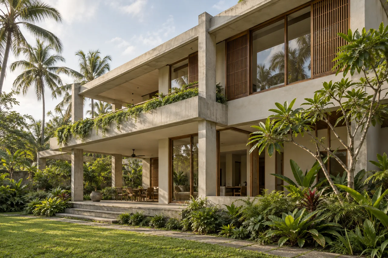 Illustrative concept of a modern Sri Lankan tropical building with exposed concrete and timber screens