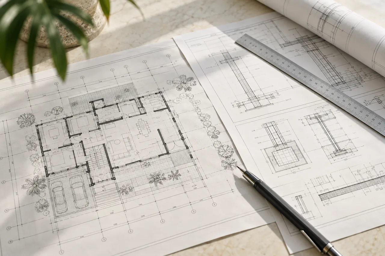 Illustrative architectural drawings with a pencil on an ivory desk