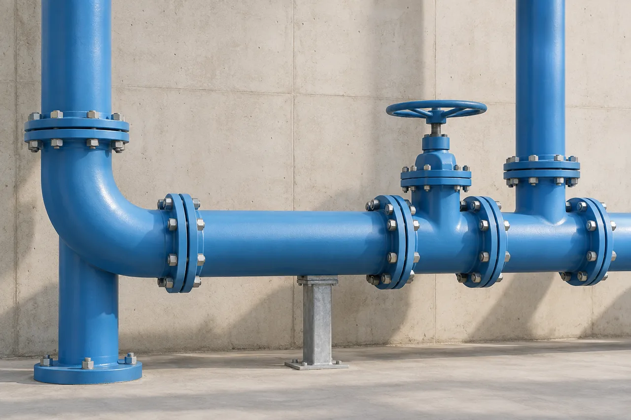 Illustrative blue water pipework and a valve against a pale wall